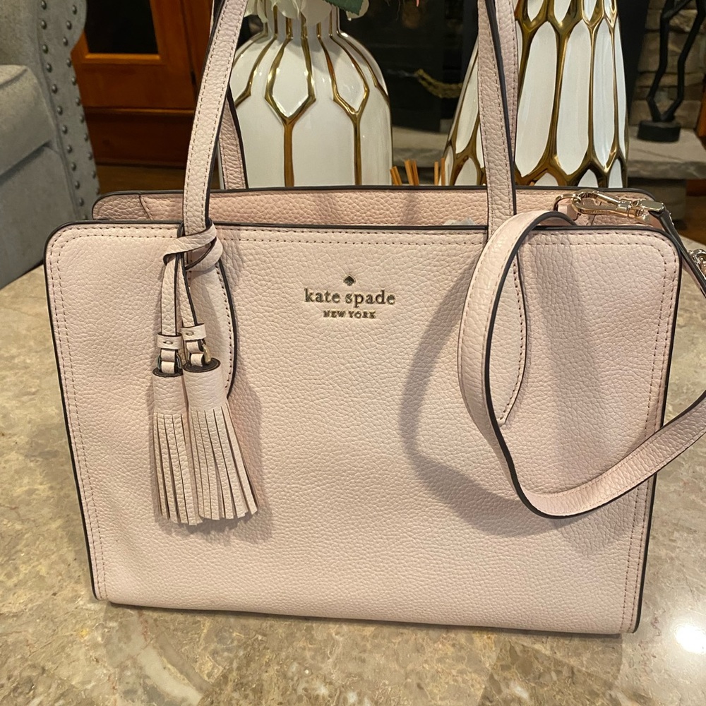 Kate Spade Rowe Leather Medium Top Zip Satchel in peach puff color